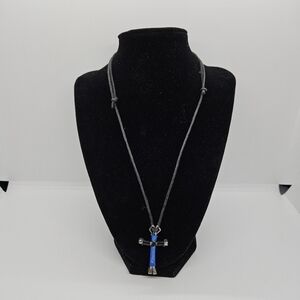 black cord necklace with wire wrapped cross blue black silver tone